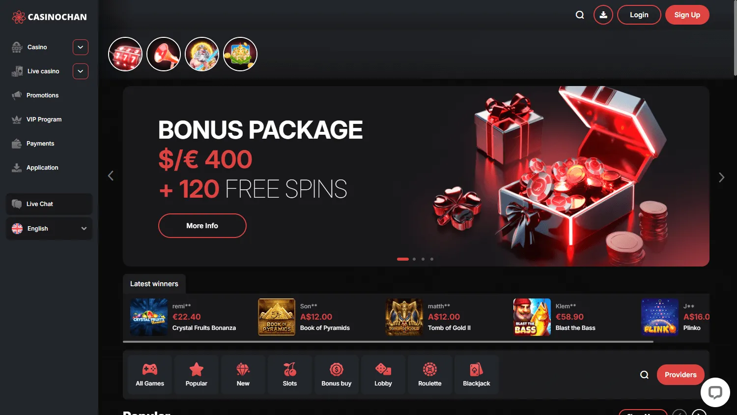 Casino Chan home experience on desktop